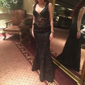 One of a kind sheer embellished bodice, lace bottom black evening gown worn once
